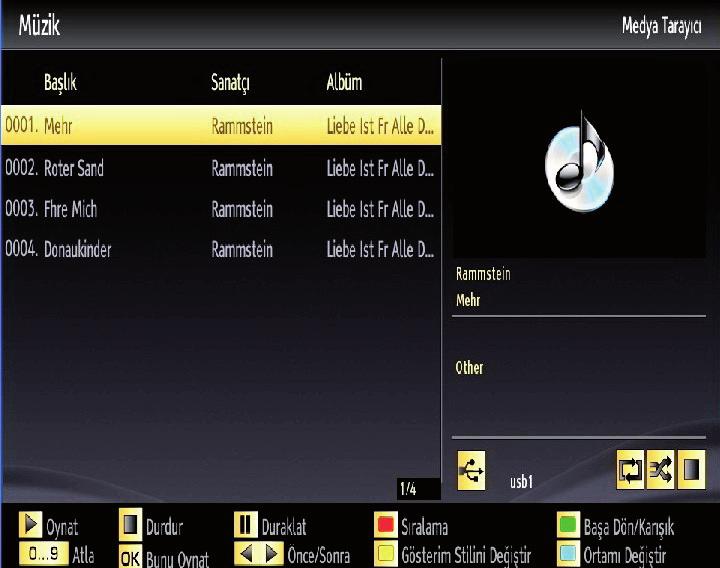 USB Üzerinden Müzik Çalma Ana seçeneklerden Müzik seçtiğinizde, mevcut ses dosyaları bu ekranda listelenecektir.