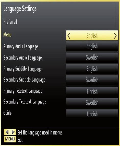 Note: If the Country option is set to Denmark, Sweden, Norway or Finland, the Language Settings menu will function as described below: Language Settings Parental Control To prohibit viewing of