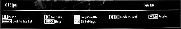 3D: Press to view 3D Settings. Subtitle/Audio (LANG. button): Sets subtitle/audio. Yellow: Opens subtitle time correction menu. Slideshow Options Pause ( button) : Pauses the slideshow.