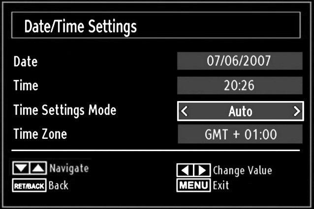 Configuring Date/Time Settings Select Date/Time in the Settings menu to confi gure Date/Time settings. Press OK button. Select Sources in the Settings menu and press OK button.