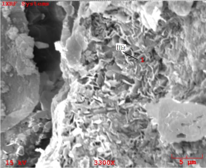 Şekil 7.28.a Kömürlü formasyonu kumtaşlarına ait SEM fotoğrafı görüntüsü Fotoğrafta illit mineralleri (1).