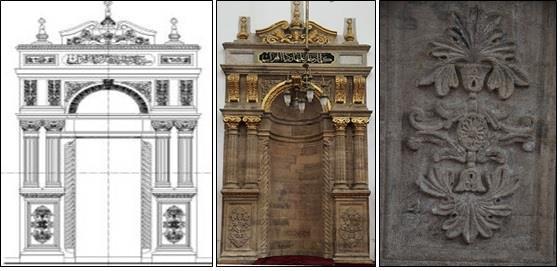 sağında ise müezzin mahfili bulunmaktadır. Şekil 10. Cami iç mekânının çizimi (a.g.e) ve görselleri.