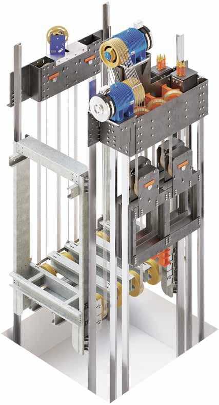 Gigalift Çift motorlu yük asansörü Double - machine goods lift Makine dairesiz kuyularda uygulanabilme Applicability with machine roomless shafts 4:1 x 2-0.8 m/s - 12000 kg 6:1 x 2-0.