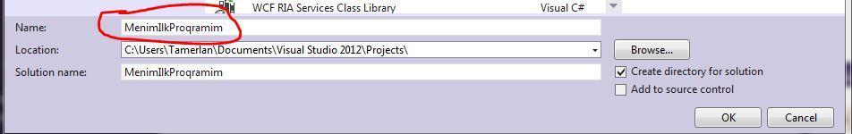 MenimIlkProqramim adlı bir konsol proyekt yaradaq və OK klikləyək: Beləliklə biz, Visual Studio ilə ilk proyektimizi yaratmış olduq. Hamızını təbrik edirəm!