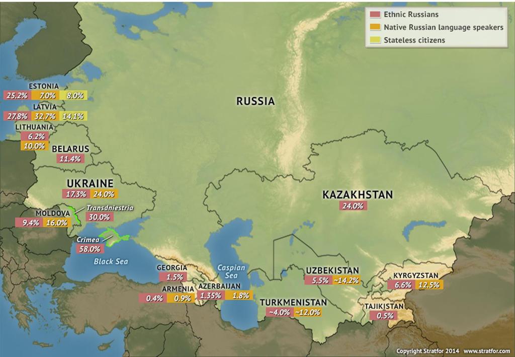 Rus Etnik Haritası (pembe: etnik rus nüfusu, turuncu: rusça anadil nüfus, sarı: vatansız vatandaşlar) Bu durum Ukrayna için de geçerlidir.