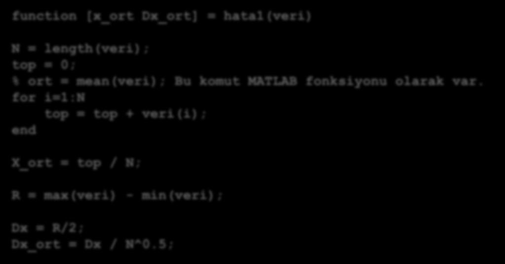 Ölçüm Sonuçlarının İstatistik Analizleri function [x_ort Dx_ort] = hata1(veri) N = length(veri); top = 0; % ort = mean(veri); Bu komut