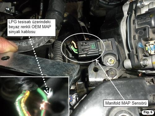 5) LPG tesisatı üzerindeki beyaz renkli OEM MAP sinyali bağlantısı için, aracın emme manifold üzerindeki MAP sensörü