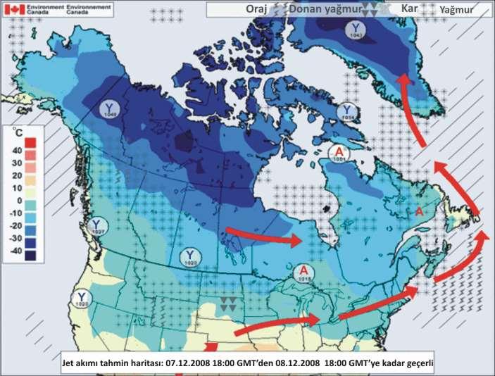 Kuzey Amerika için yayımlanan bir 24 saatlik hava ve jet akımı ( ) tahmin haritası.