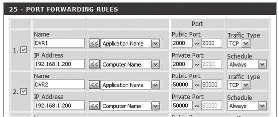 <Private Port> alanında, Adım 3 te tanımlanan <HTTP Port> öğesini girin. örn. ~ 2-5. <IP Address> alanına DVR nin Adım 3 te tanımlanan IP adresini girin. 2-6.