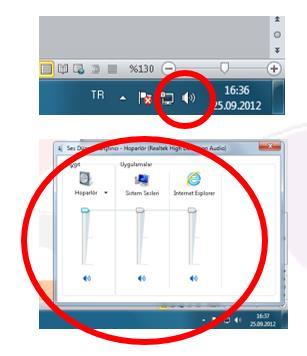 NOT:Bilgisarınızın ses yönetimi için ekranın sağ alt köşesindeki simgeyi tıklayabilir ve gerekli ayarlamaları yapabilirsiniz.