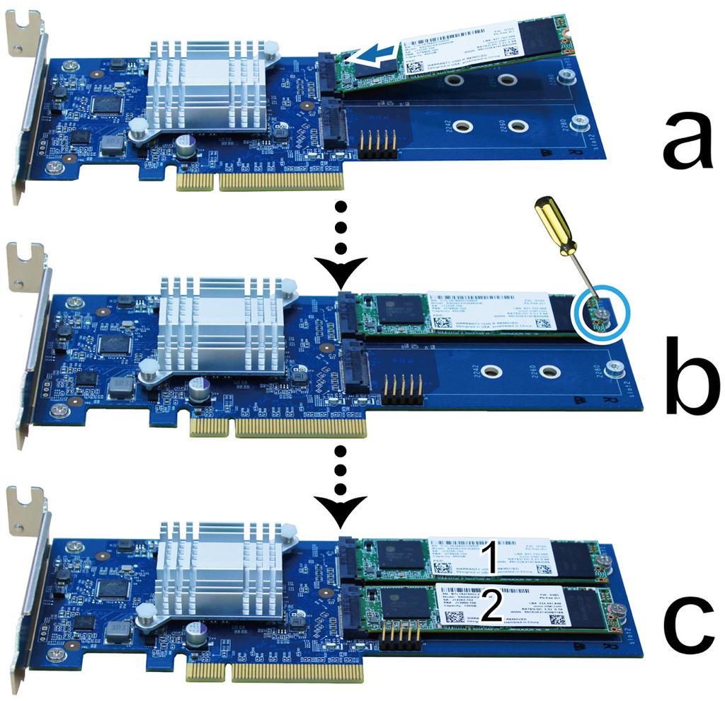 3 M.2 SATA SSD'yi M2D17 adaptör kartına ekleyin: a M.