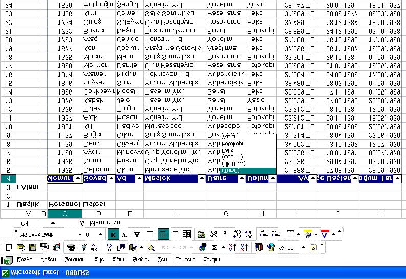 Seçme oku Şekil 3.2.3. Süzme işlemi ekranı Bu ok tıklanıldığında Excel in yapabileceği otomatik süzme işlemleri görülebilir.