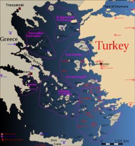 Ege Denizi ndeki adalar, coğrafi konumları ve statülerini tespit eden anlaşmaların düzenlenme şekilleri kapsamında 6 ayrı gruba ayrılmaktadır; Boğazönü Adaları Saruhanlar / Doğu Sporatlar Kuzey