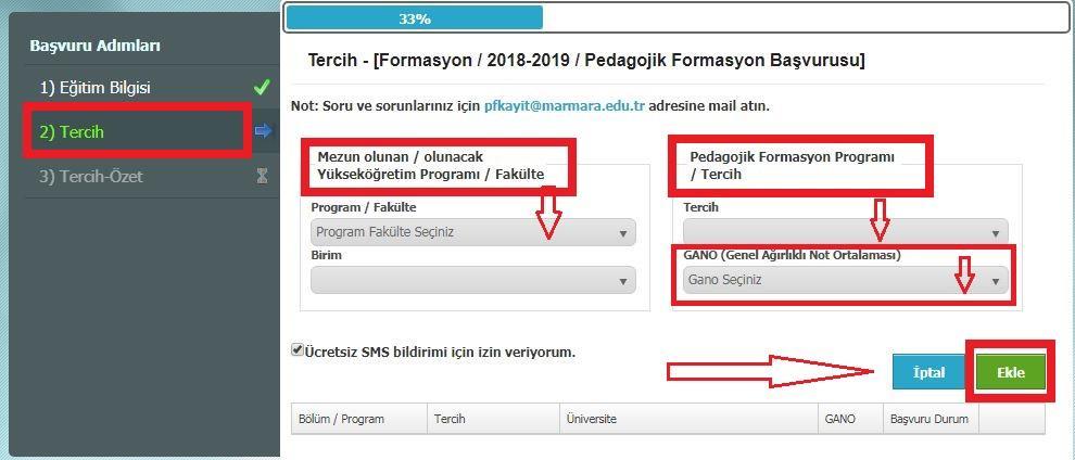 2. Adım olarak Tercih sekmesinden Mezun olunan/olunacak Yükseköğretim Programı/Fakülte ve Birim sekmesinden mezuniyet programınızı