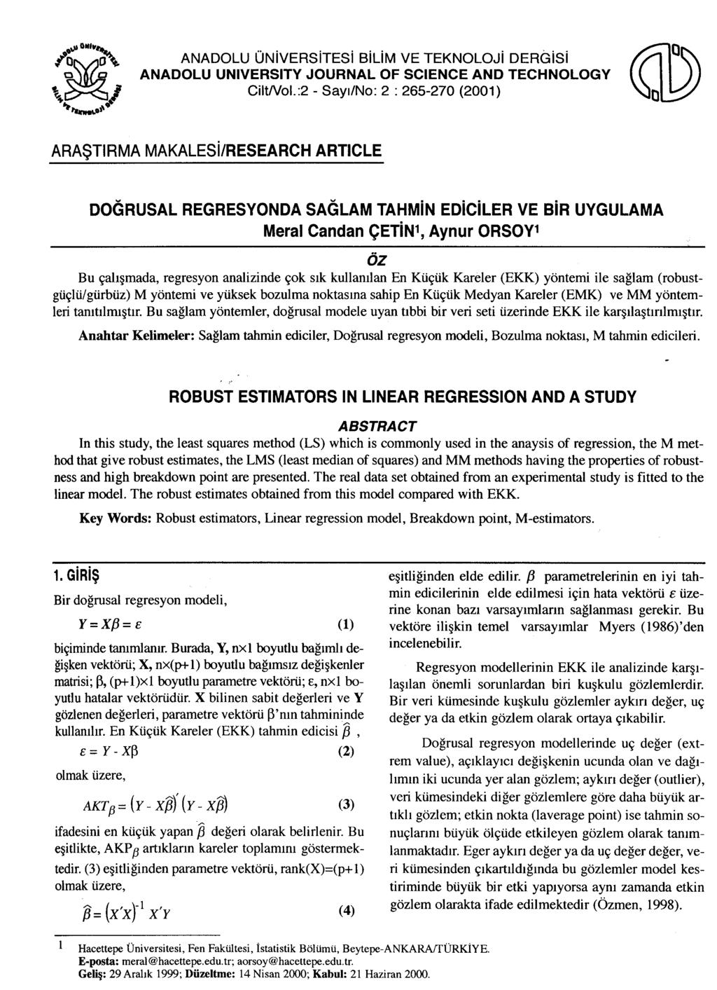 ANADOLU ÜNvERSTES BlM VE TEKNOLOJ DERGS ANADOLU UNIVERSITY JOURNAL OF SCIENCE AND TECHNOLOGY CltNol.