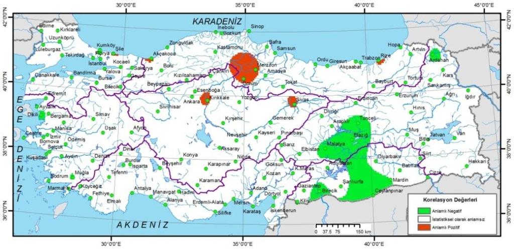 ġekil 11. Türkiye'de aylık toplam yağıģların ki-kare değerlerinin anlamlı korelasyon değerleri haritası (1964-2003).