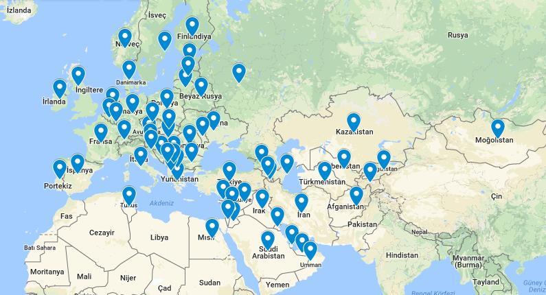 EKİM 2018 TAŞIMACILIK İSTATİSTİKLERİ DEĞERLENDİRME RAPORU 2018 yılı içerisinde Türk araçlarının karayolu ile taşımacılık yaptığı ülkelerin harita üzerinde gösterimi İHRACAT TAŞIMALARI UND nin