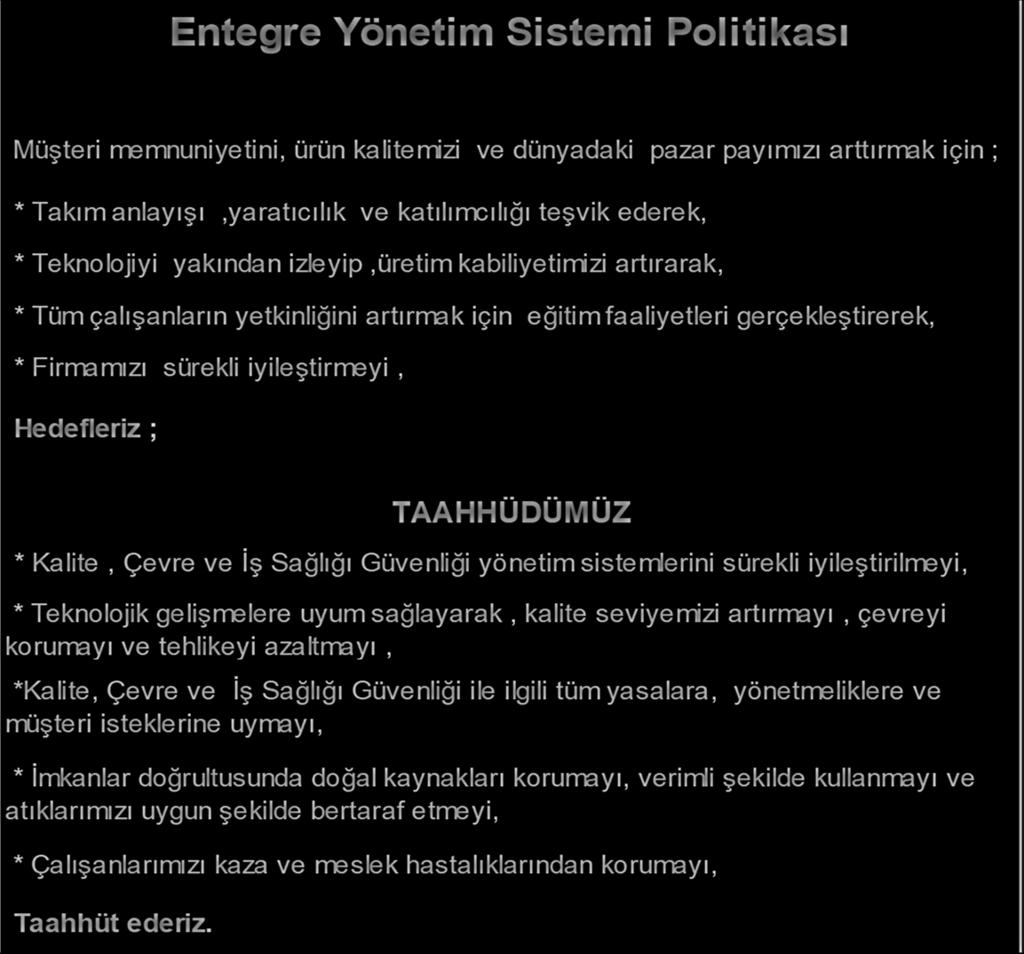 Entegre Yönetim Sistemi Politikası Müşteri memnuniyetini, ürün kalitemizi ve dünyadaki pazar payımızı arttırmak için ; * Takım anlayışı,yaratıcılık ve katılımcılığı teşvik ederek, * Teknolojiyi