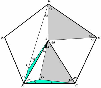 Çözüm- 6 (Yuus Temelli): [BD] kearı üzerie üçgei dışıa doğru şekildeki gibi BFD eşkear üçgeii çizelim. BDC ile BFA üçgelerii eşliğii görerek BFKA ikizkear yamuğuu çizelim.