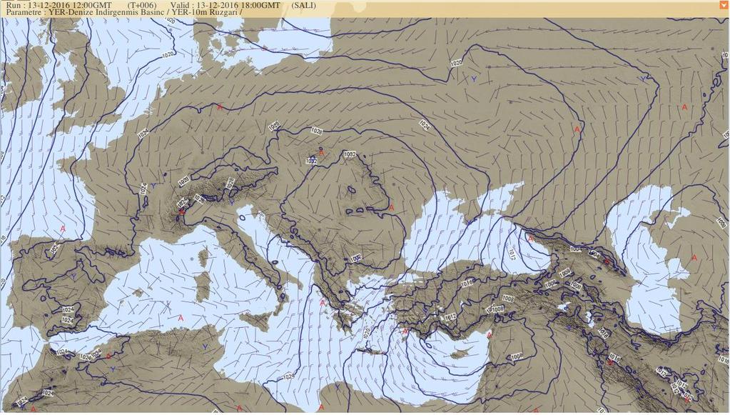 Şekil 7. Yer Haritası 13 Aralık 2016 18:00 UTC 14.12.2016 00:00 UTC e gelindiğinde Gazipaşa dan başlayarak Konya, Isparta, Burdur ve çevresinde izobar sıkışması yaşandığı analiz edilmektedir.