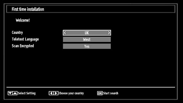 First, the language selection screen will be displayed: By pressing or button, select the country you want to set and press button to highlight Teletext Language option.