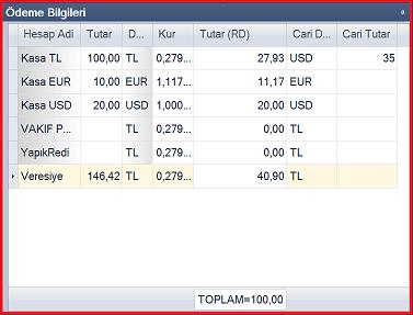 Ödeme bilgileri bölümünde satışın karşılığı olan ödemelerin kasa TL, kasa EUR, kasa USD, bankalar ve veresiye bilgilerinin görüntülenmesi