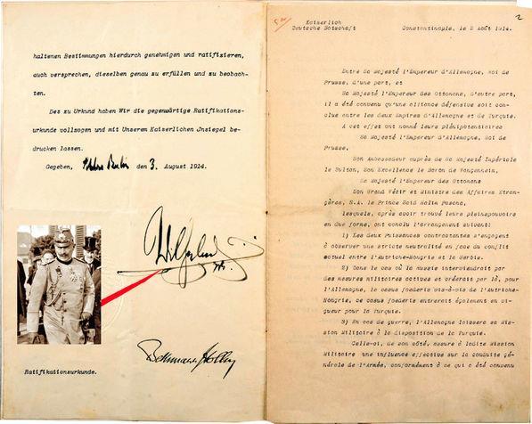 Alman İmparatoru İkinci Wilhelm in, Türkiye ile Almanya arasında yapılmış gizli bir anlaşmayı tasdik belgesi.