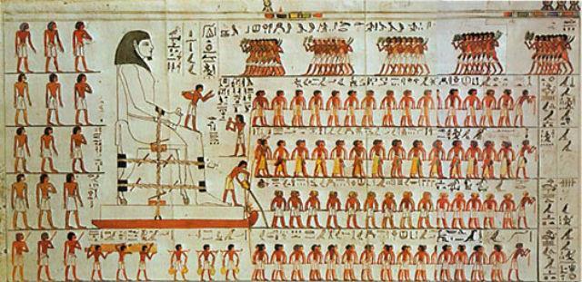 Şekil 2.1: Mısır' da bulunan ve M.Ö. 1800 yılına ait olduğu belirlenen büyük bir heykelin taşınması sırasında heykelin tabanının kayması için altına sıvı döküldüğünü gösteren figür.