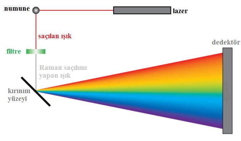 Şekil 4.26: Raman spektroskopisinin temel bileşenleri. Grafenin Raman spektrumu incelendiğinde 3 ana pik olduğu görülmektedir.
