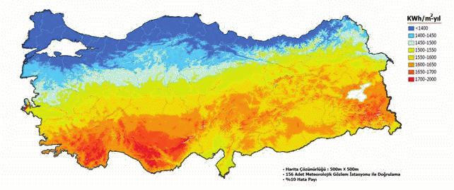 Kaynak: Limitsizenerji, 2010 ġekil 2. Türkiye GüneĢ Enerjisi Potansiyeli Atlası ülkelerin güneģ enerjisi potansiyelinin gösterildiği ġekil 1 de yer alan haritada gösterilmektedir.