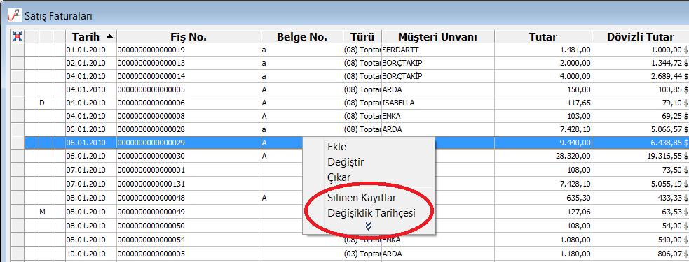 sağ fare tuşu menüsünde silinen kayıtlar ve