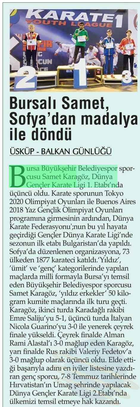 BURSALI SAMET, SOFYADAN MADALYA ILE DÖNDÜ Yayın Adı : Balkan Günlügü