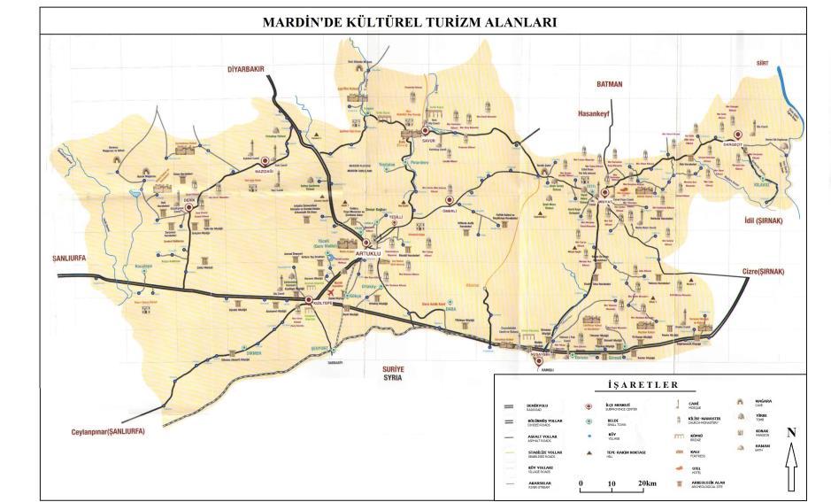 Şekil 4: Mardin de kültürel turizm alanlarının dağılışı. (Kaynak : Mardin Büyükşehir Belediyesi Kültür Turizm ve Sosyal İşler Daire Başkanlığından kısmen değiştirilerek.