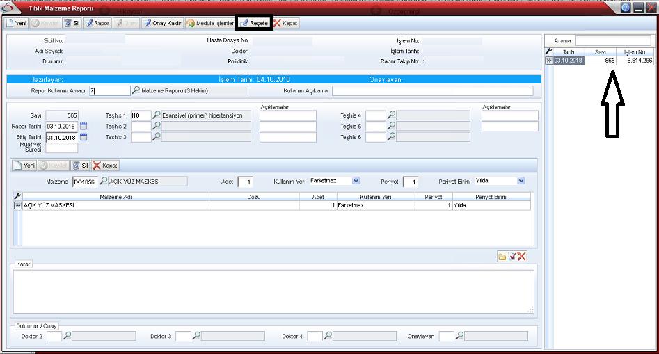 Sayfa No : 5 / 15 Tıbbi Malzeme Raporu-2 Tıbbi Malzeme raporu ekranı açılır. Açılan Tıbbi Malzeme Raporu ekranında daha önce yazılmıģ Tıbbi Malzeme Raporları sağ kısımda yer almaktadır.