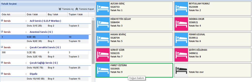 Yatak seçimi yapıldıktan sonra ekran üzerinden kaydet diyerek hastamızın yatışını onaylamış oluyoruz.