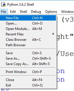 Yeni Dosya Oluşturmak IDLE programı açıldıktan sonra File >New File Menü yolu takip edilerek kod