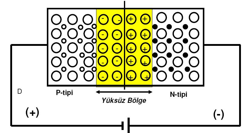 * P-tipi yarı iletkene yayılan elektronlar bataryanın (+) kutbu