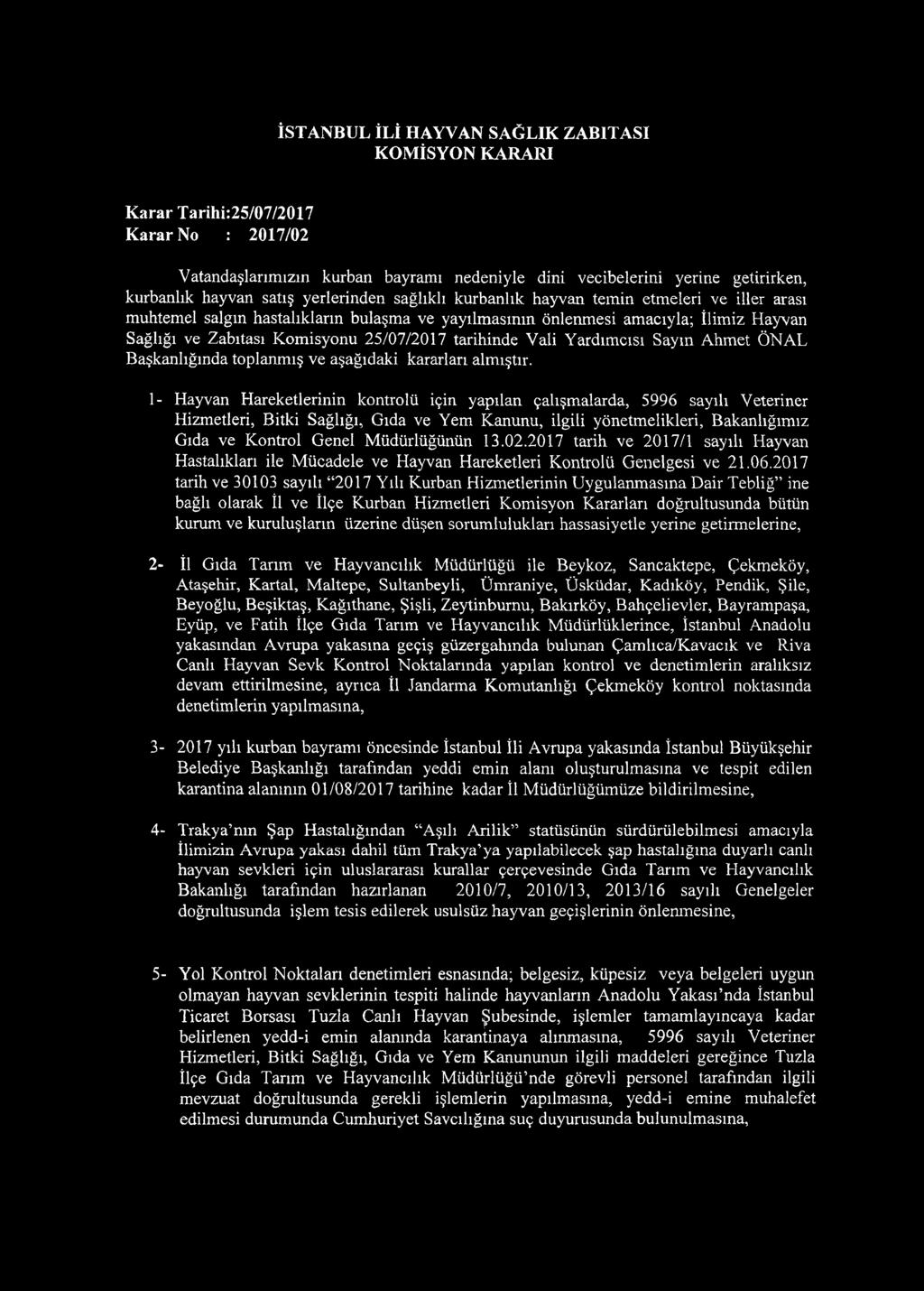 İSTANBUL İLİ HAYVAN SAĞLIK ZABITASI KOM İSYON KARARI Karar Tarihi:25/07/2017 Karar No : 2017/02 Vatandaşlarımızın kurban bayramı nedeniyle dini vecibelerini yerine getirirken, kurbanlık hayvan satış