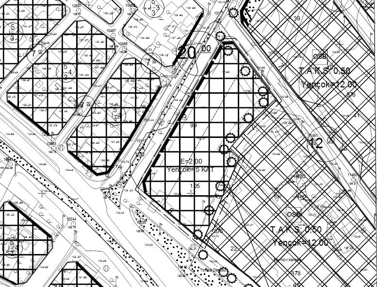 Deri OSB planlarında verilen yapılaşma koşulları (TAKS) 0,50X(kat adedi)5= 2,50 ye tekabül etmektedir. Ancak çevredeki yapılaşma karakteri yoğunluğu dikkate alınarak E=2.00 olarak belirlenmiştir.