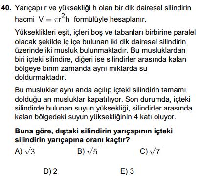 Boyanan yüzeyler, hep farklı yüzeyler olduğundan; bu üç yüzeyin alanı tüm prizmanın alanının yarısıdır. Buna göre; A 3A 35 olur. 47 5A 35 A 94 br buluruz. İçteki silindirin hacmi.a.h tır.