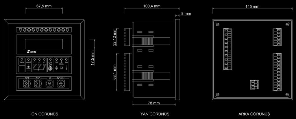 1.6 Teknik Çizimler 1.6.1 Küçük Ekranlı Reaktif Güç Kontrol Rölesi 1.