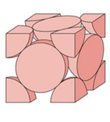 İlk şekilde YMK kristal yapılı üç boyutlu atom yerleşiminde birim hücre gösterilmiştir. İkinci şekilde birim hücrede bulunan atomlar görülmektedir.