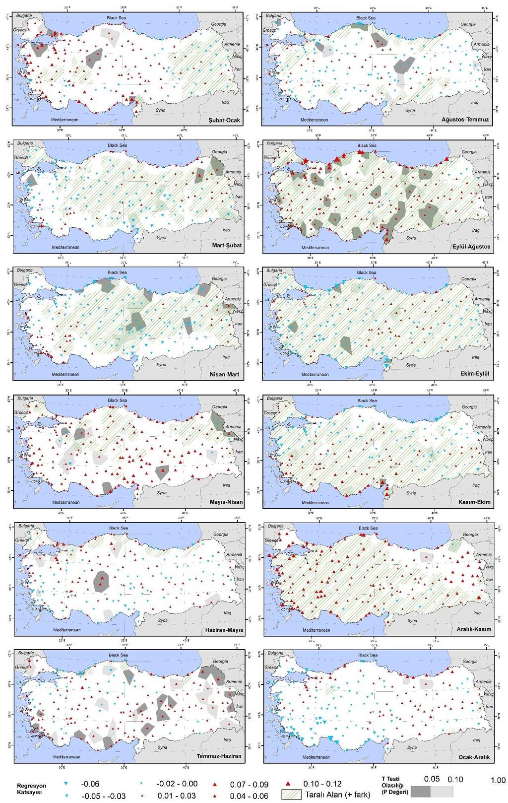 2074 Şekil 3: Türkiye de Yağış Farklarındaki Eğilimler Haritaları (Taralı alanlar, belirtilen
