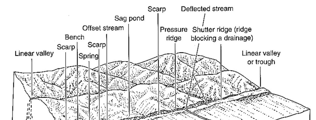 Çizgisel vadiler (linear valleys), ötelenmiş nehirler (offset streams), sapmış nehirler (deflected streams), basınç sırtları (pressure ridge), fay dikliği (fault scarp),