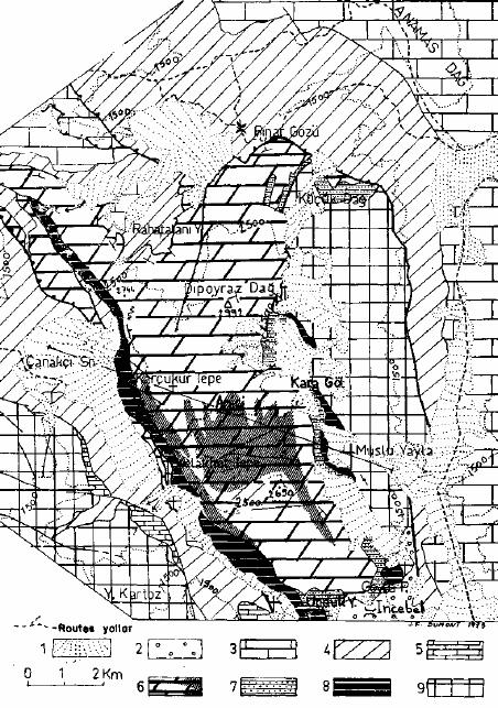 Kuyukule K Şek. 9 : Dipoyraz dağ masifinin basitleştirilmiş jeoloji haritası. ( J.F.