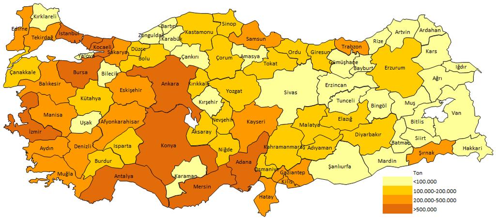 Harita 1. İllere Göre Yurt İçi Motorin Satış Miktarları (Harita: REC Türkiye, 2017, Kaynak: EPDK, 2016) Harita 2.