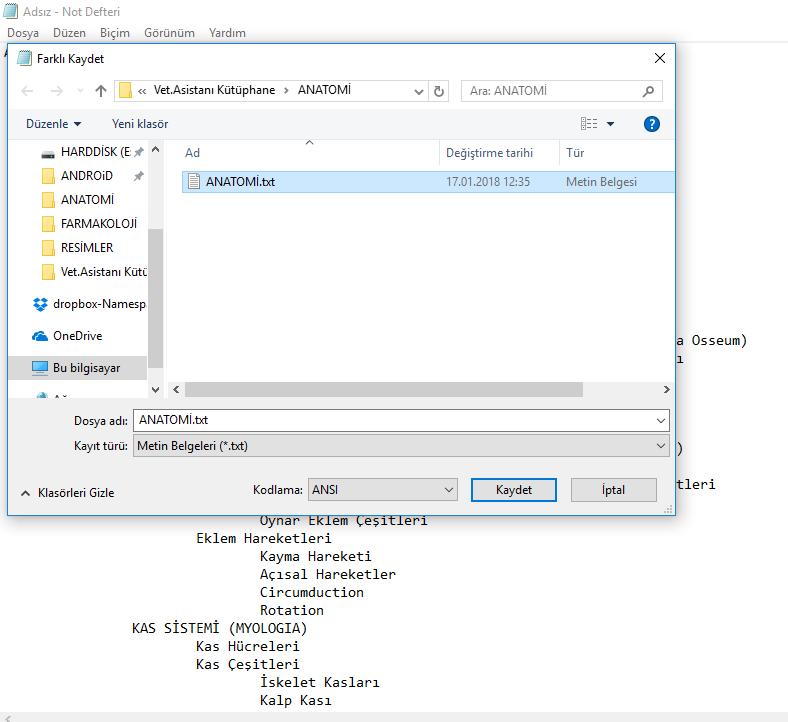 Yapıştırıldıktan sonraki görüntü: Daha sonra Farklı Kaydet ile dosya ismi verilir. Örnekte ANATOMİ.txt vardır. Kayıt türü uzantısı mutlaka.txt olmak zorundadır.