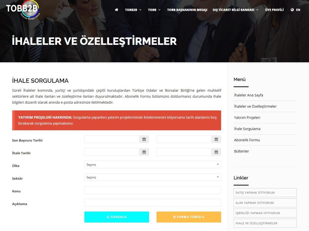 İHALE VE ÖZELLEŞTİRMELER Süreli İhaleler kısmında, yurtiçi ve yurtdışındaki çeşitli kuruluşlardan Türkiye Odalar ve Borsalar Birliği ne gelen muhtelif sektörlere ait ihale ilanları duyurulmaktadır.