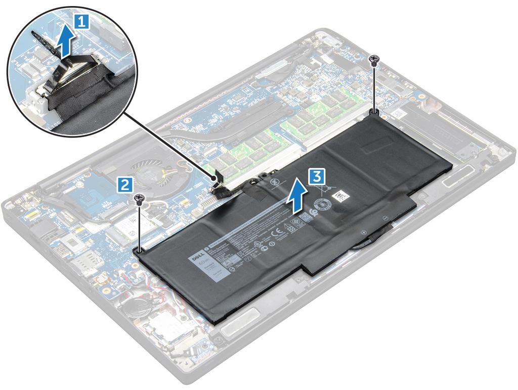 Pili takma 1 Pili bilgisayardaki yuvaya yerleştirin. 2 Pil kablosunu yönlendirme klipsine yönlendirin ve pil kablosunu sistem kartı üzerindeki konektöre bağlayın.