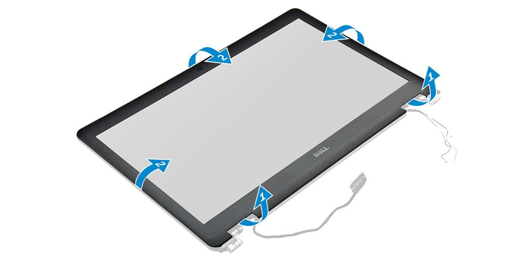 a b c d e alt kapak pil WLAN kartı WWAN kartı ekran aksamı 3 Ekran çerçevesini sökmek için: a Plastik bir çubuk kullanarak ekranın alt kenarını gevşetin [1].